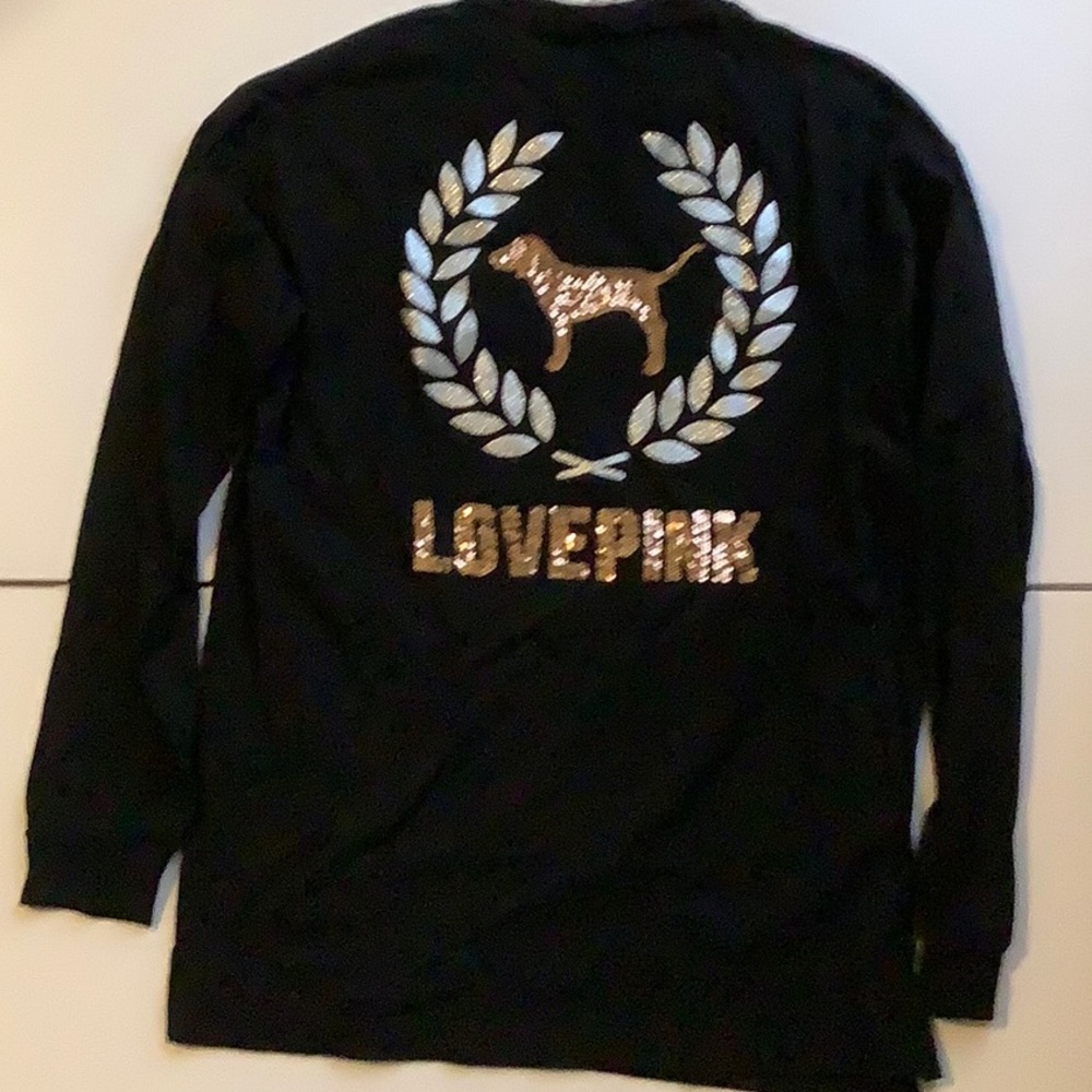 Victoria’s Secret PINK long sleeve black sequined tee shirt with dog logo
